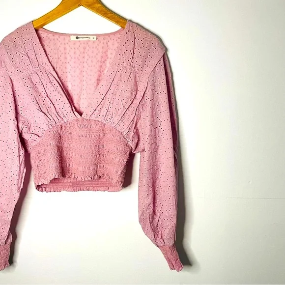 Soft Girl Pastel Pink Eyelet Puff Sleeve Crop Top - Picture 3 of 11